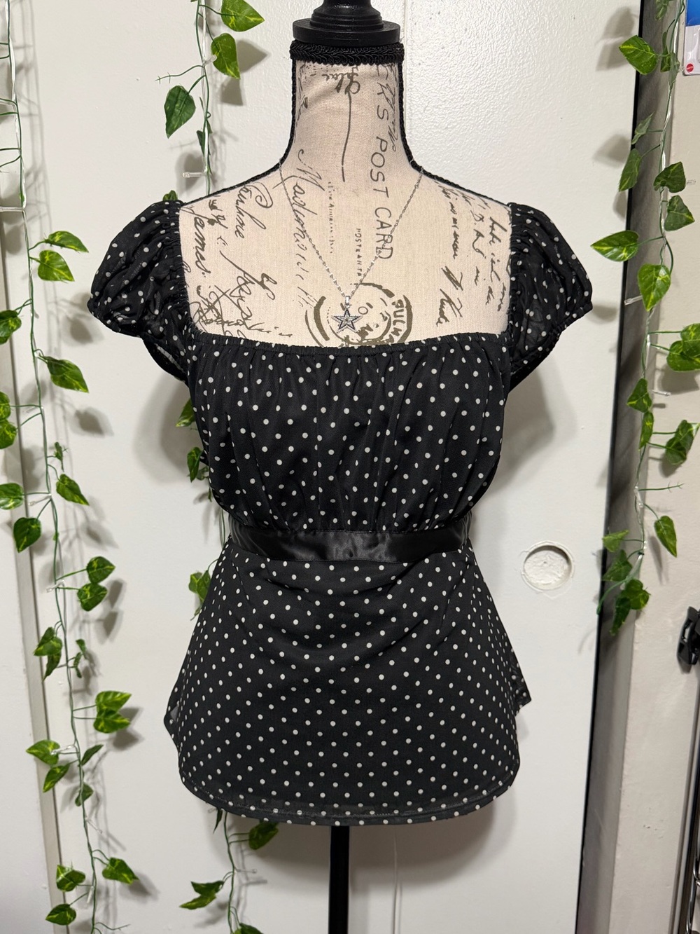 Black Polka Dot Puff Sleeve Peplum Blouse